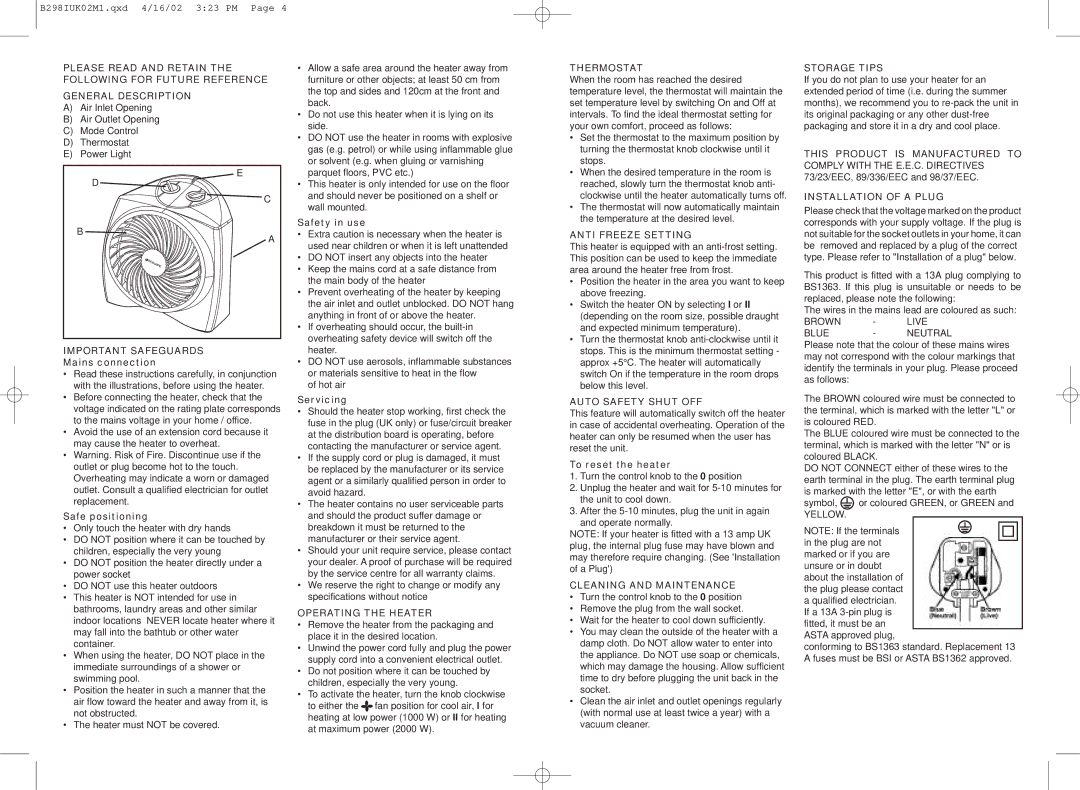 Bionaire B298 General Description, Important Safeguards, Operating the Heater, Thermostat, Anti Freeze Setting 