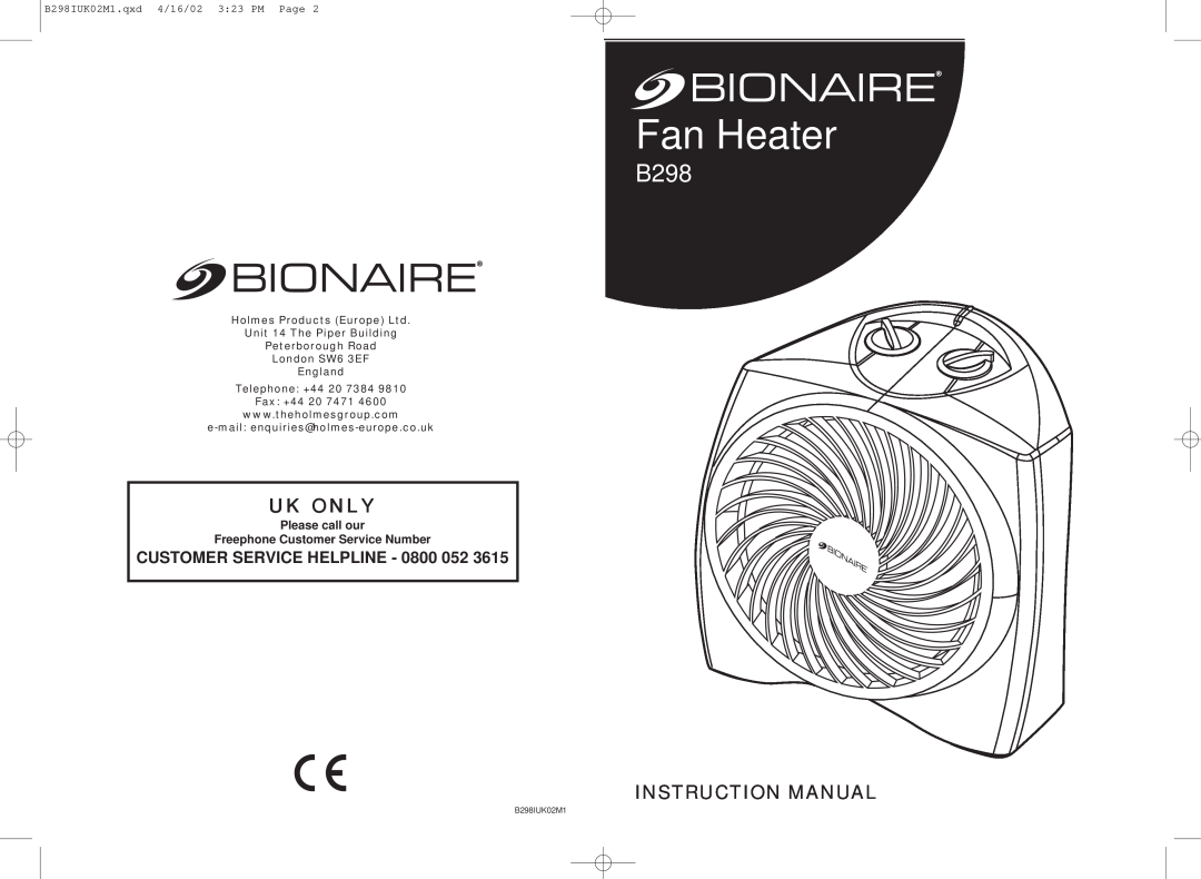 Bionaire instruction manual B298IUK02M1.qxd 4/16/02 323 PM Page, Fan Heater, Uk Only, Instruction Manual 