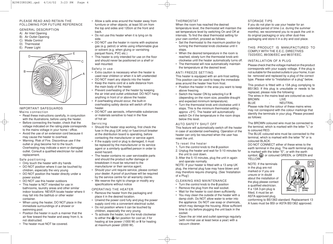 Bionaire B298 instruction manual General Description 
