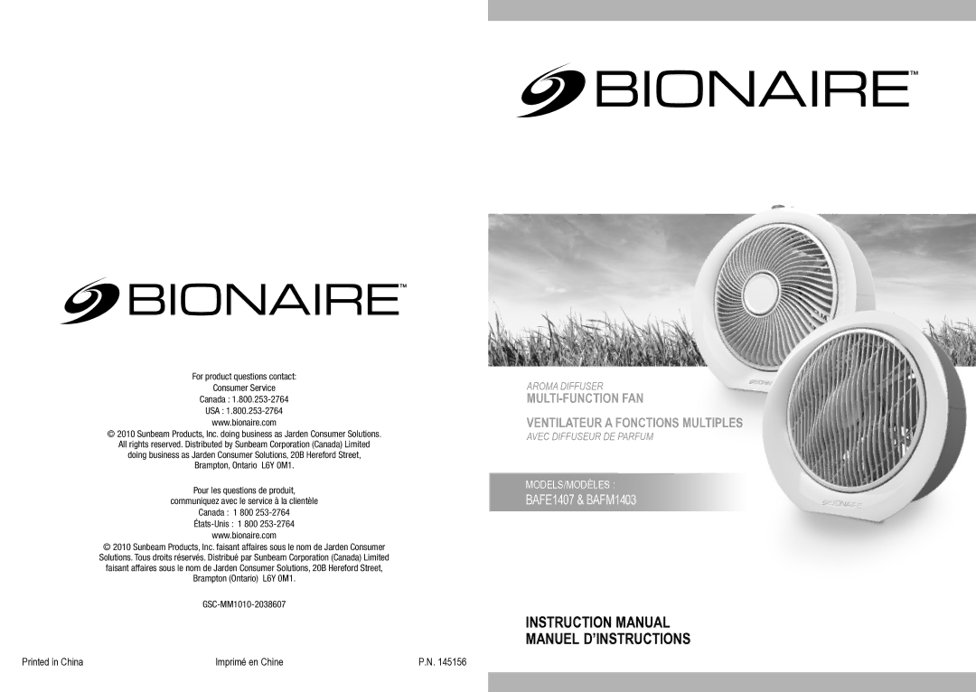 Bionaire BAFE1407 instruction manual MULTI-FUNCTION FAN Ventilateur a Fonctio Multiples 