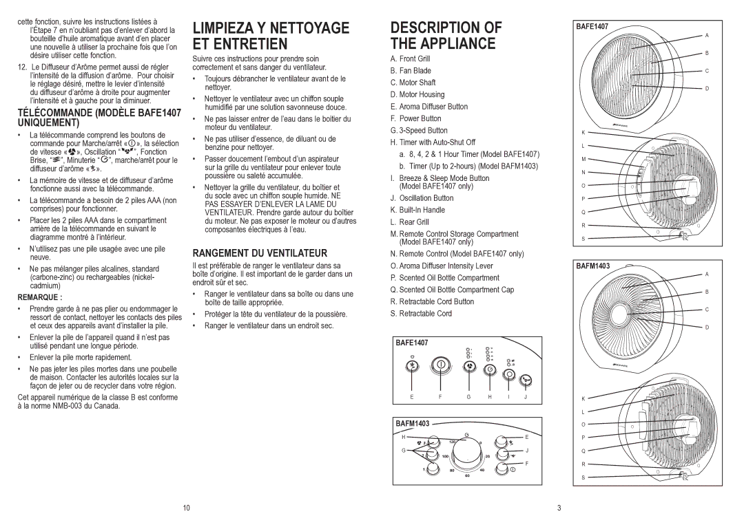 Bionaire Limpieza Y Nettoyage ET Entretien, Description of the Appliance, Télécommande Modèle BAFE1407 Uniquement 