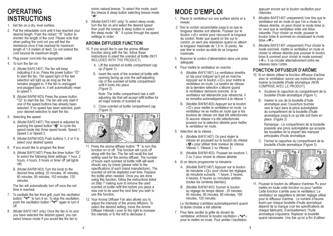 Bionaire BAFE1407 Operating Instructions, Mode D’EMPLOI, Aroma Diffuser Function, Fonction Diffuseur D’ARÔME 