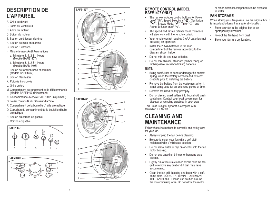 Bionaire BAFE1407 instruction manual Description DE ’APPAREIL, Cleaning Maintenance, FAN Storage 