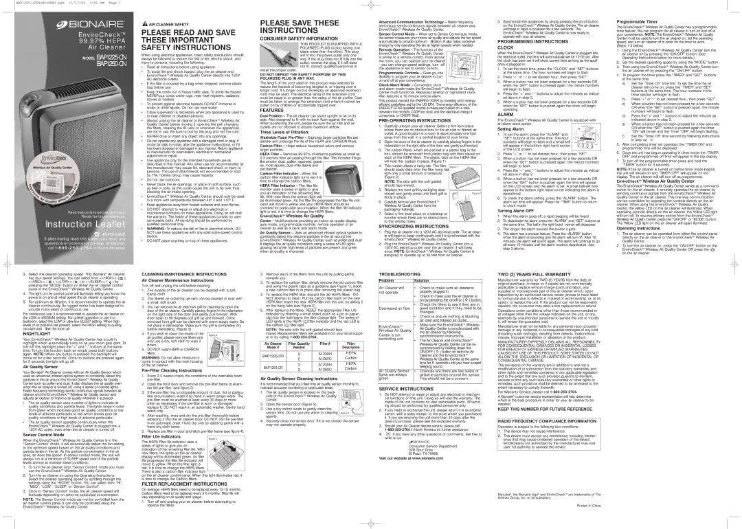 Bionaire BAP1225-U warranty Consumer Safety Information, Features, PRE-OPERATING Instructions, Alarm, Nightlight 