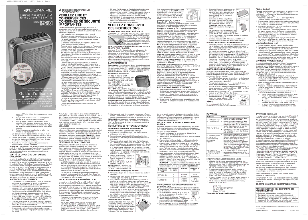 Bionaire BAP1250-U Renseignements SUR LA Sécurité, Caractéristiques, Instructions Avant Lutilisation, Réveil, Veilleuse 