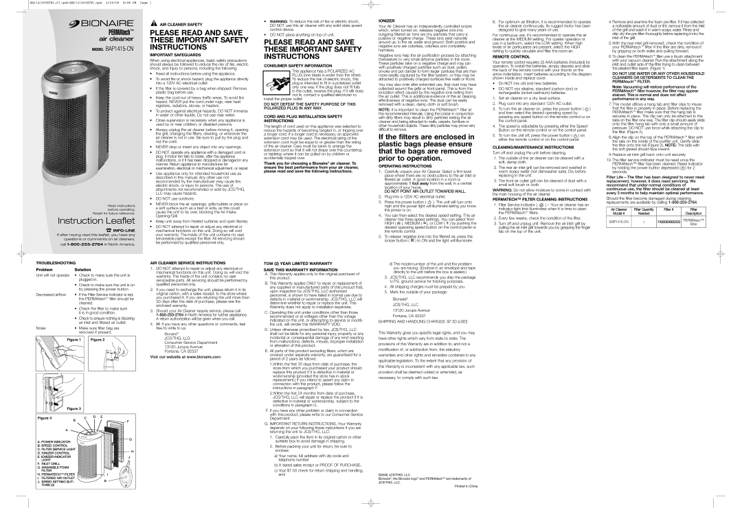 Bionaire BAP1415-CN important safety instructions Troubleshooting, AIR Cleaner Safety, Important Safeguards, Ionizer 