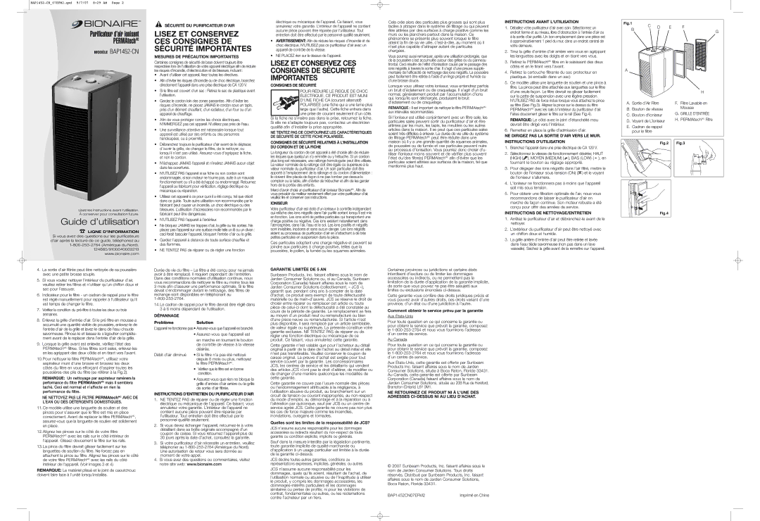 Bionaire BAP1452-CN Sécurité DU Purificateur D’AIR, Mesures DE Précaution Importantes, Dépannage, Consignes DE Sécurité 