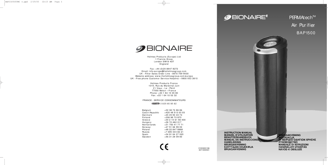 Bionaire BAP1500 instruction manual France Service Consommateurs, 825 