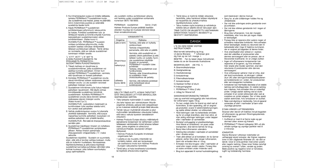 Bionaire BAP1500 instruction manual Dansk 