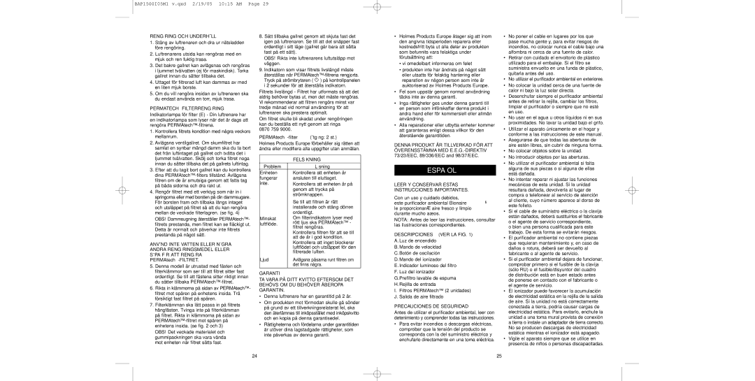 Bionaire BAP1500 Español, Rengöring OCH Underhåll, Permatech Filterrengöring, Felsökning, Precauciones DE Seguridad 