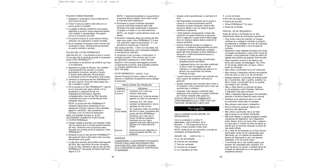 Bionaire BAP1500 Pulizia E Manutenzione, Pulizia DEL Filtro Permatech, Risoluzione DEI Problemi, Garanzia 