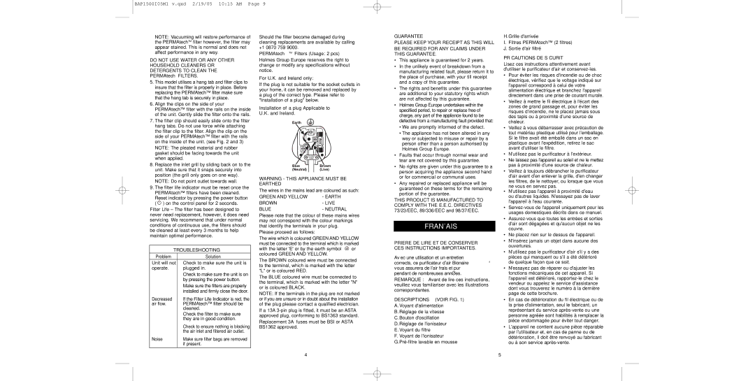 Bionaire BAP1500 instruction manual Français, Troubleshooting, Guarantee, Descriptions Voir FIG, Précautions DE Sécurité 