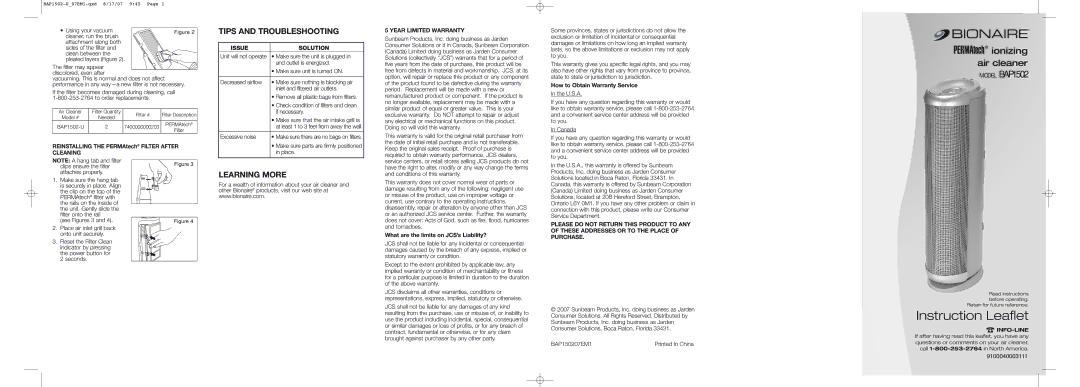 Bionaire BAP1502 warranty Tips and Troubleshooting, Learning More, Cleaning, Issue Solution, Year Limited Warranty 