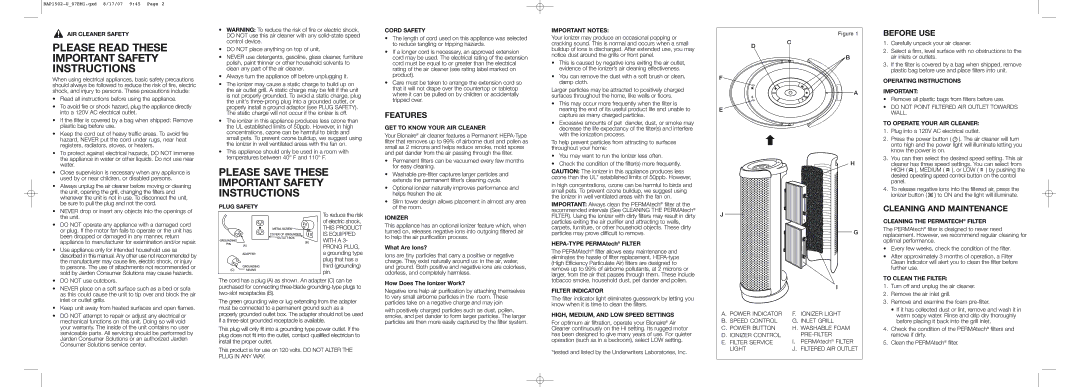 Bionaire BAP1502 warranty Features, Before USE, Cleaning and Maintenance 