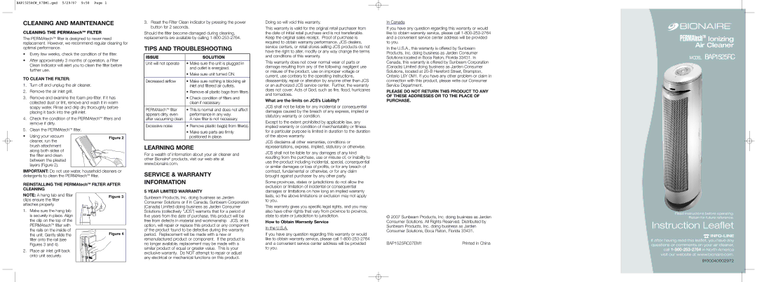 Bionaire BAP1525RC warranty Cleaning and Maintenance, Tips and Troubleshooting 