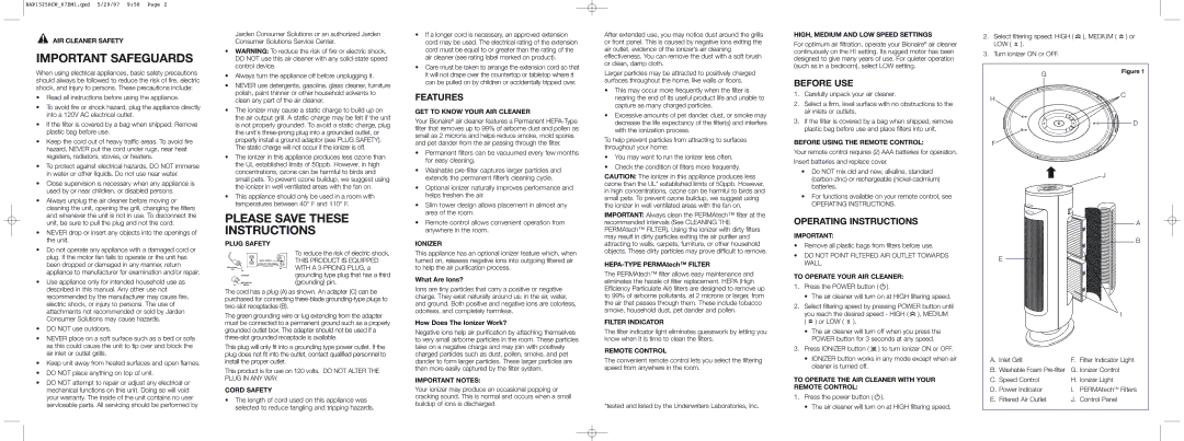 Bionaire BAP1525RC warranty Features, Before USE, Operating Instructions 