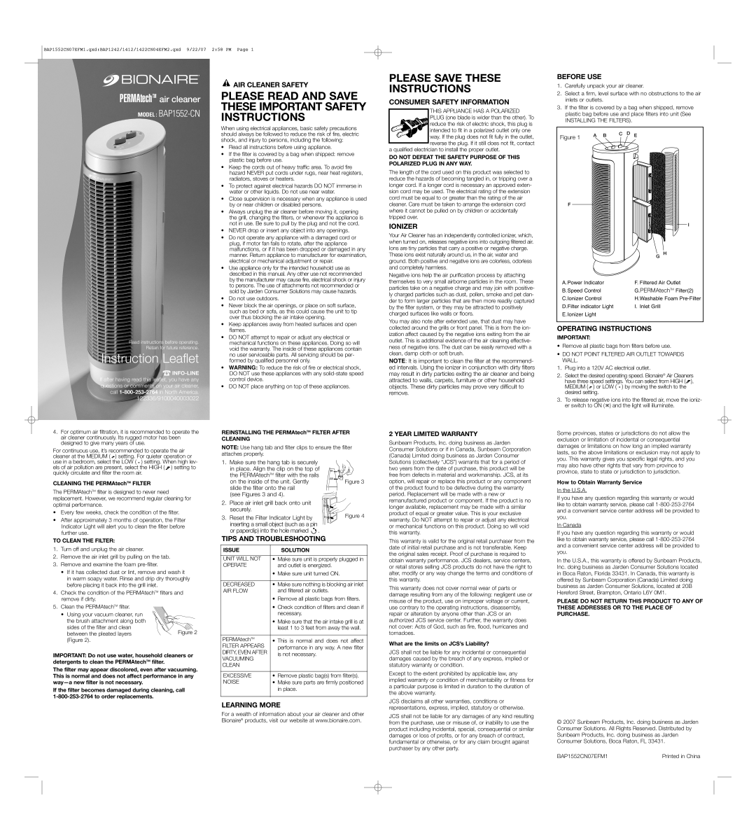 Bionaire BAP1242CN04EFM2 operating instructions AIR Cleaner Safety, Tips and Troubleshooting, Learning More, Ionizer 