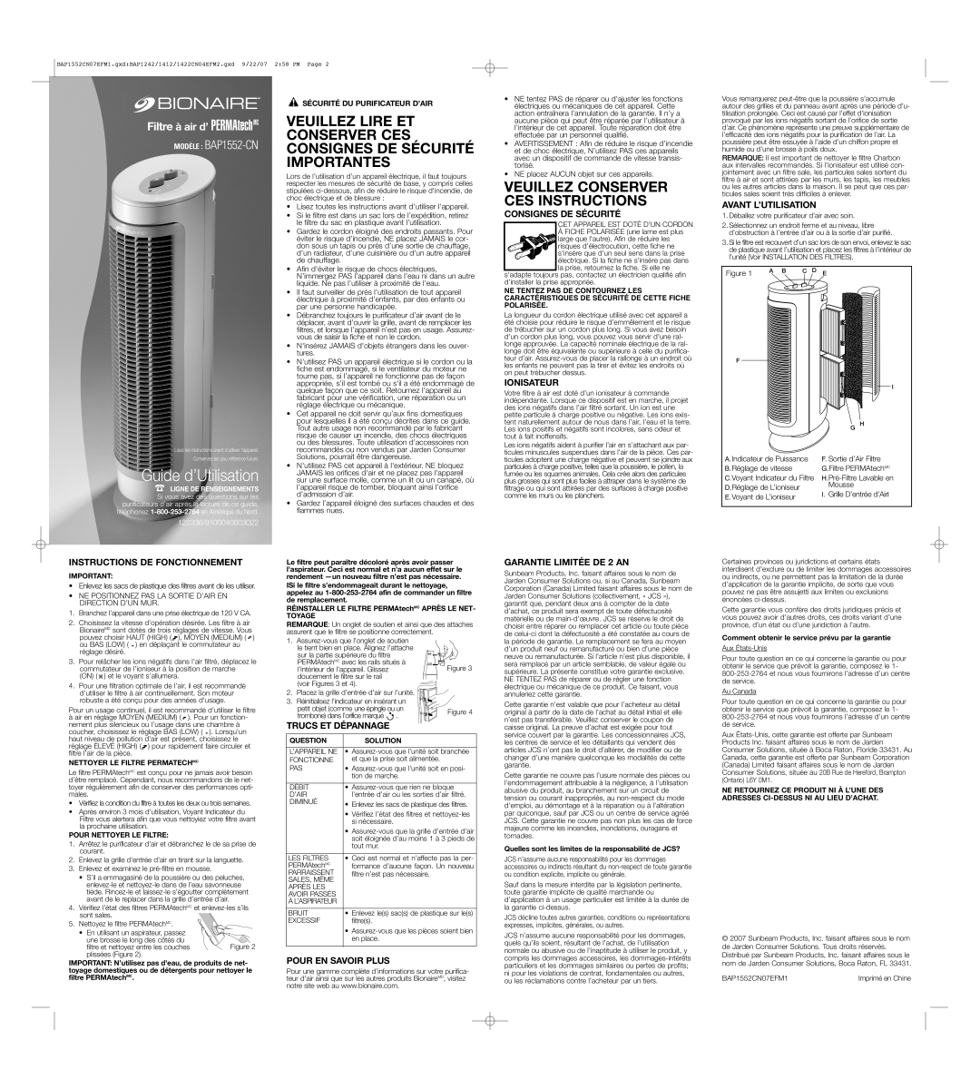 Bionaire BAP1552CN07EFM1 Instructions DE Fonctionnement, Trucs ET Dépannage, Pour EN Savoir Plus, Consignes DE Sécurité 