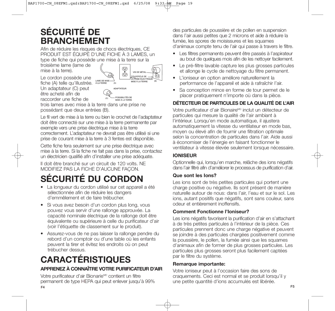 Bionaire BAP1700-CN manual Sécurité DE Branchement, Sécurité DU Cordon, Caractéristiques 