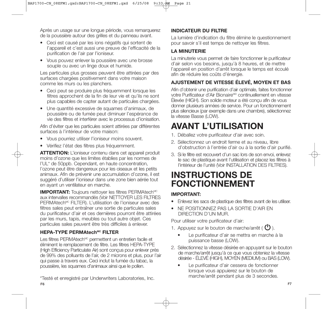 Bionaire BAP1700-CN manual Avant L’UTILISATION, Instructions DE Fonctionnement, Indicateur DU Filtre, LA Minuterie 