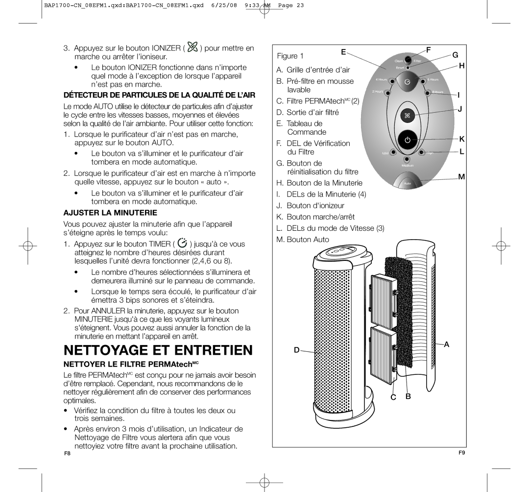 Bionaire BAP1700-CN manual Nettoyage ET Entretien, Ajuster LA Minuterie, Nettoyer LE Filtre PERMAtechMC 