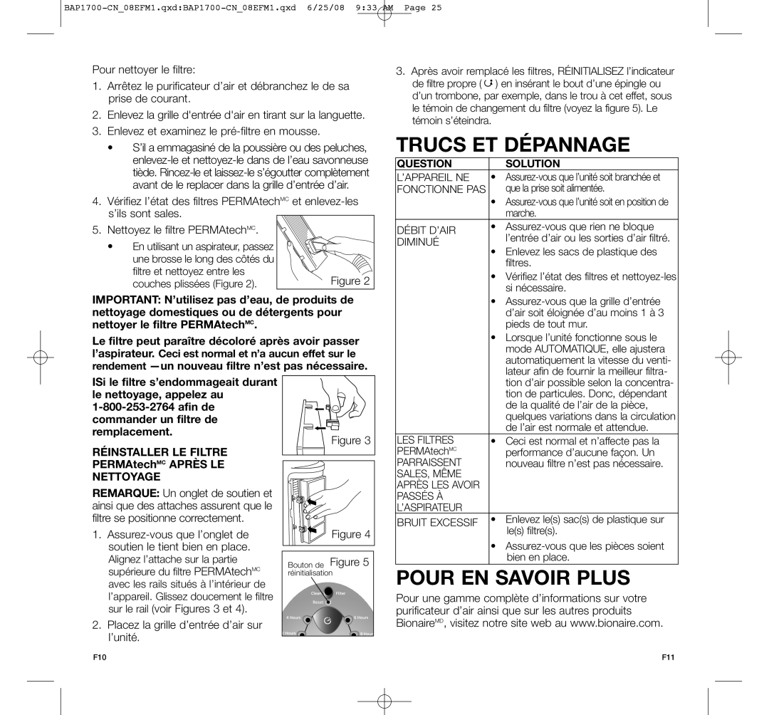 Bionaire BAP1700-CN manual Trucs ET Dépannage, Pour EN Savoir Plus, Question Solution, Réinstaller LE Filtre, Nettoyage 