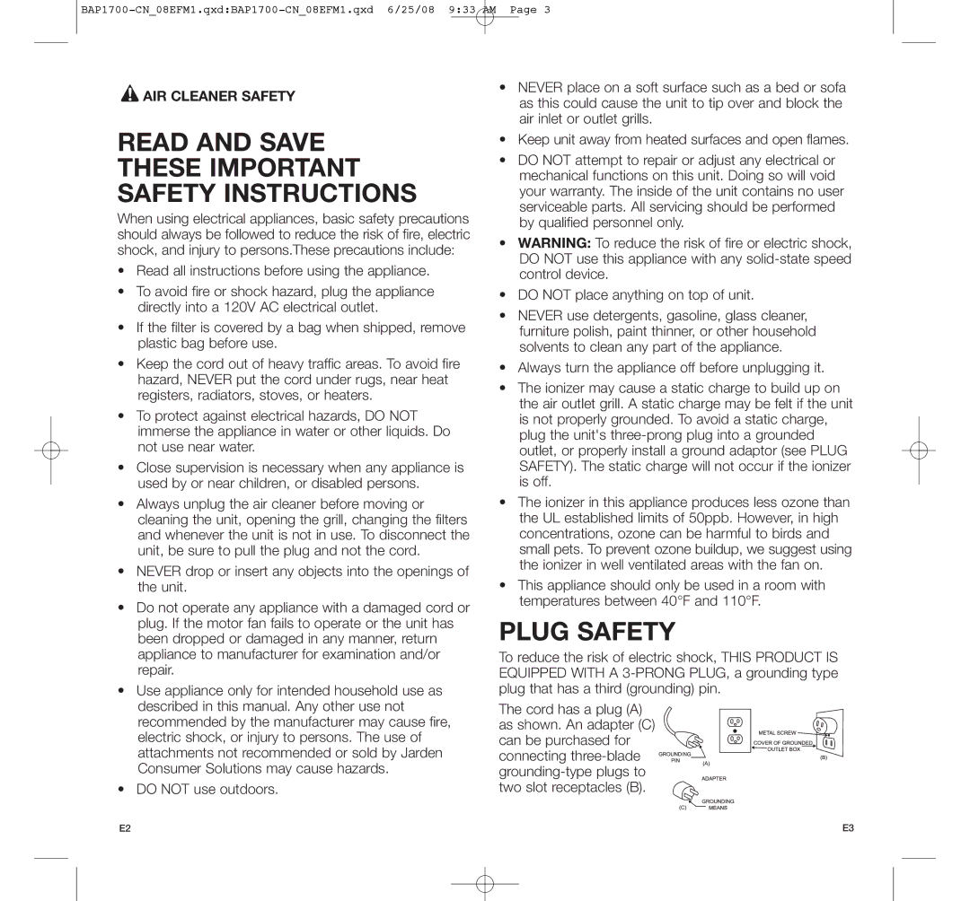 Bionaire BAP1700-CN manual Read and Save These Important Safety Instructions, Plug Safety, AIR Cleaner Safety 