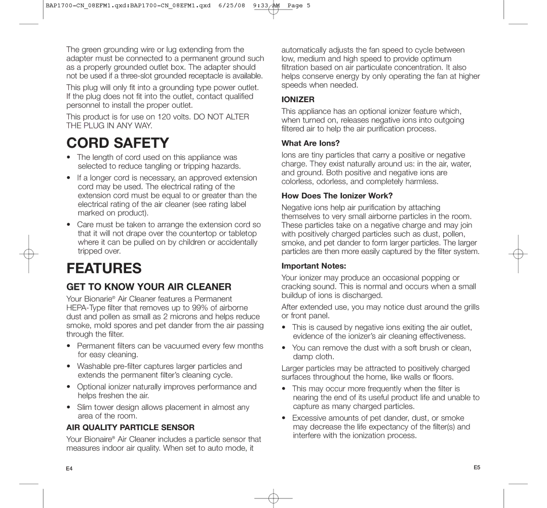 Bionaire BAP1700-CN manual Cord Safety, Features, AIR Quality Particle Sensor, Ionizer 