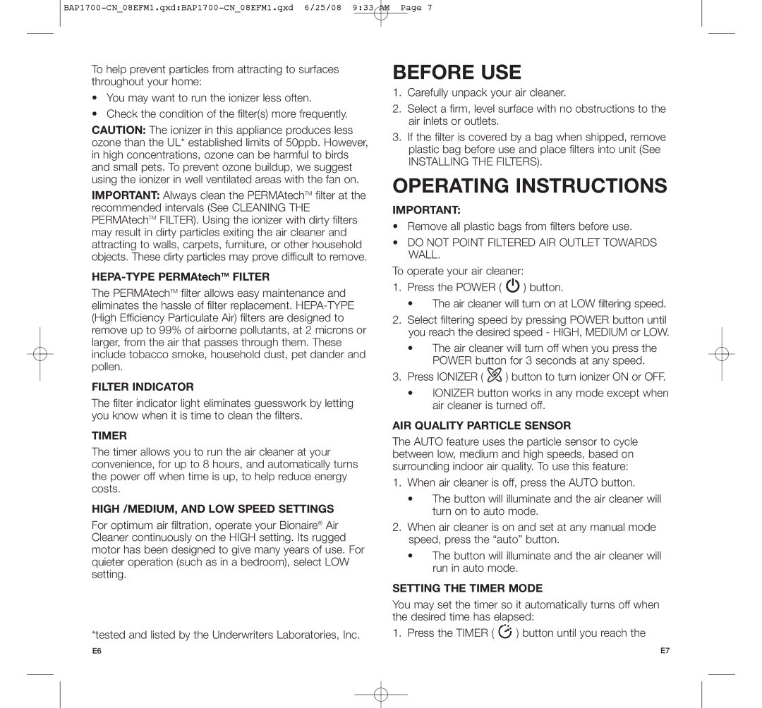 Bionaire BAP1700-CN manual Before USE, Operating Instructions 