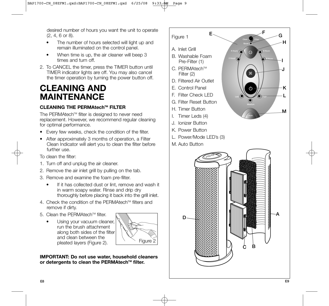 Bionaire BAP1700-CN manual Cleaning Maintenance, Cleaning the PERMAtechTM Filter 