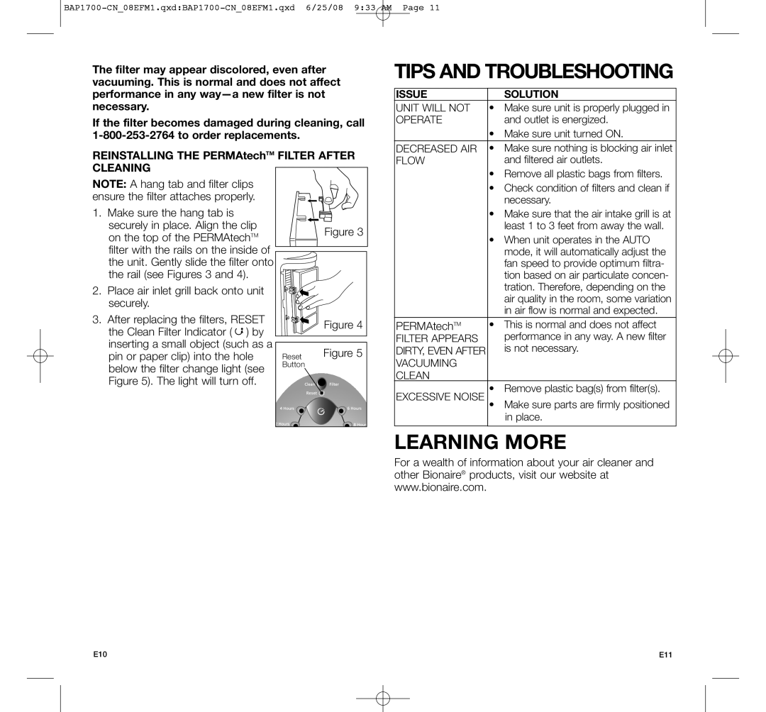 Bionaire BAP1700-CN manual Tips and Troubleshooting, Learning More, Issue Solution 