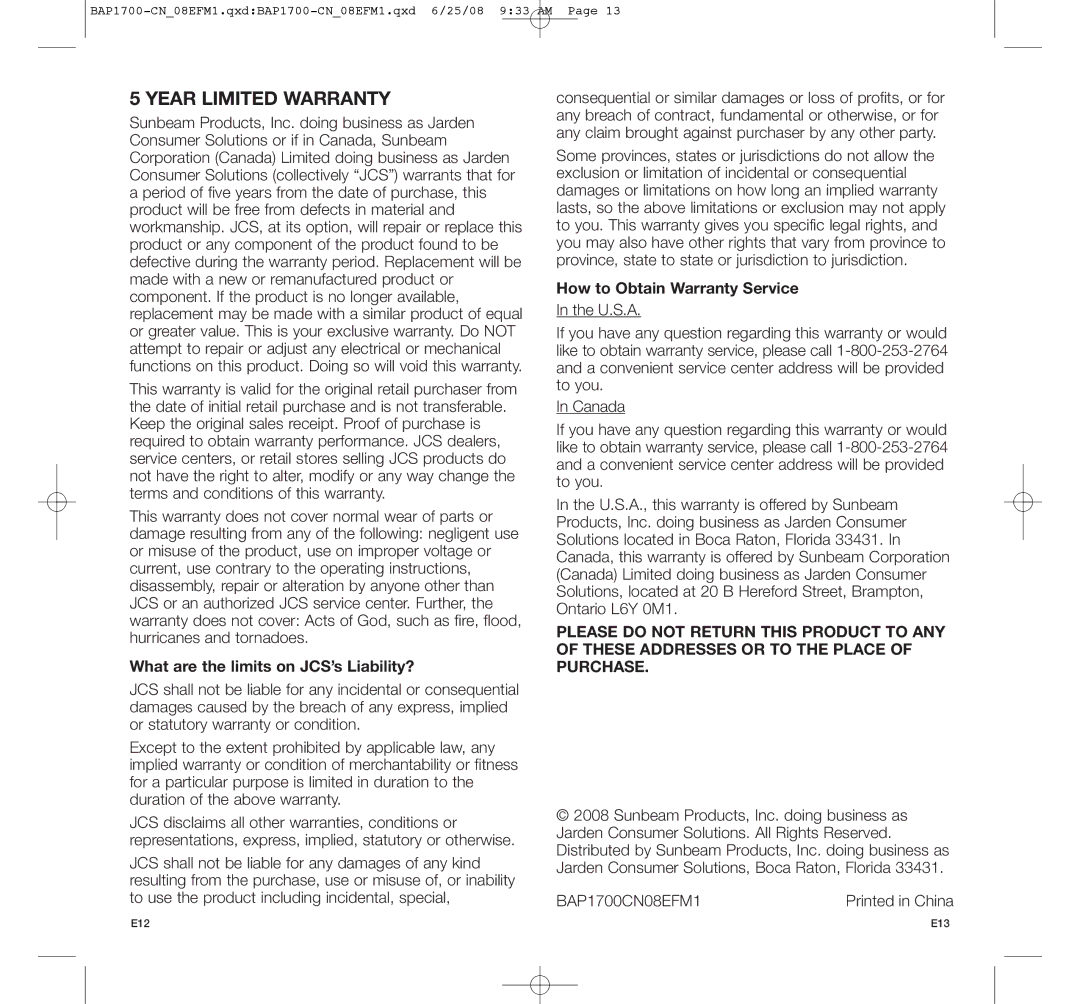 Bionaire BAP1700-CN manual What are the limits on JCS’s Liability?, How to Obtain Warranty Service, BAP1700CN08EFM1 