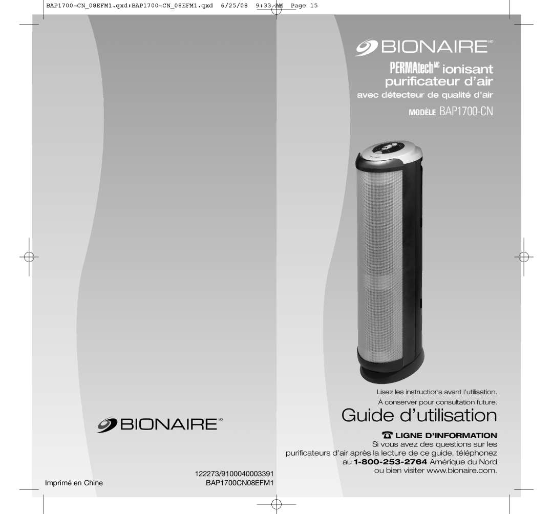 Bionaire BAP1700-CN manual Guide d’utilisation 