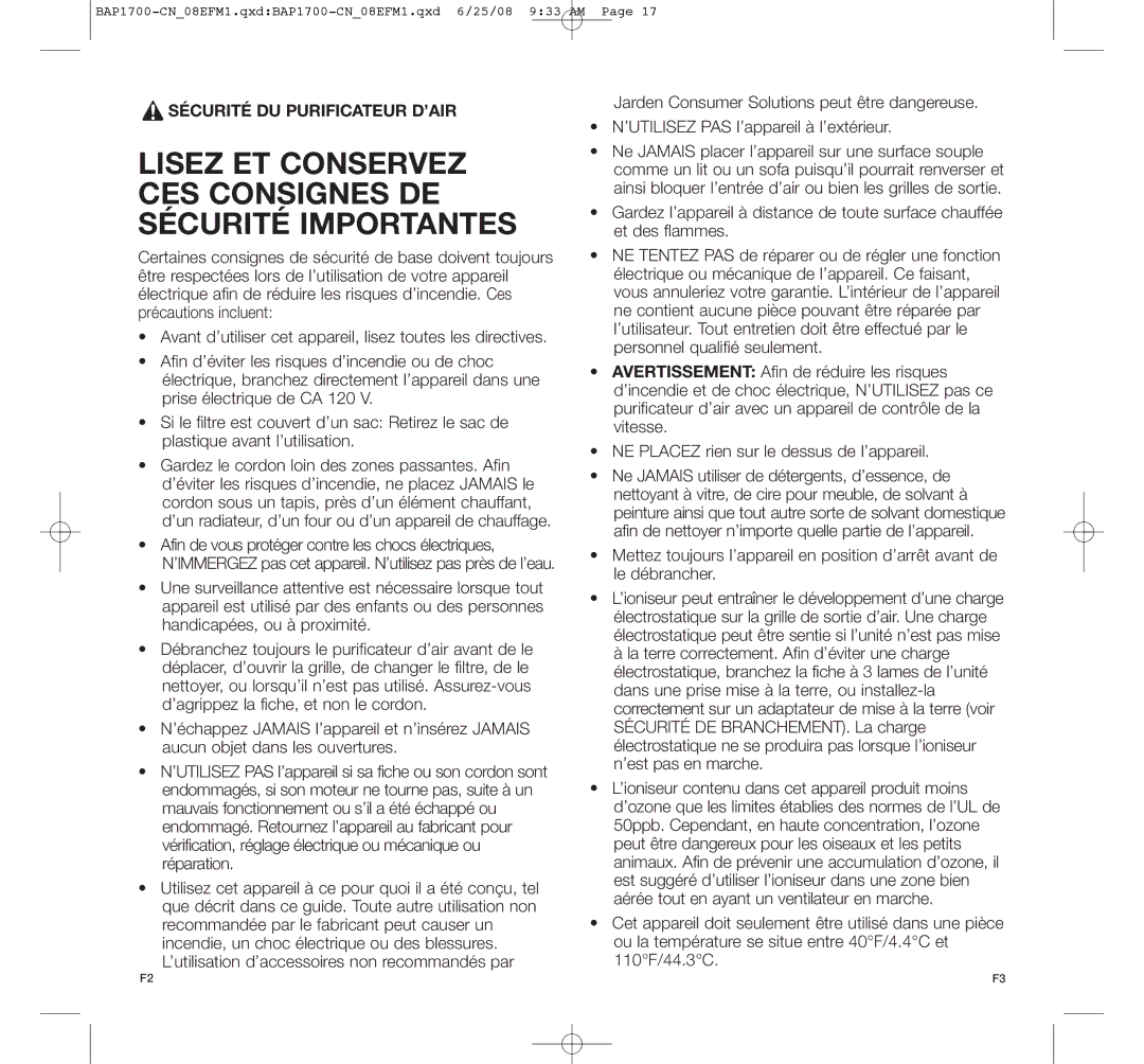 Bionaire BAP1700-CN manual Lisez ET Conservez CES Consignes DE Sécurité Importantes, Sécurité DU Purificateur D’AIR 