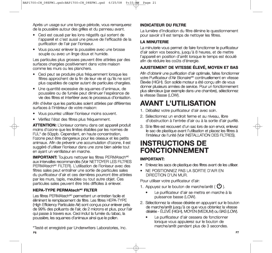 Bionaire BAP1700-CN Avant L’Utilisation, Instructions De Fonctionnement, HEPA-TYPEPERMAtechMC FILTER, Indicateur Du Filtre 