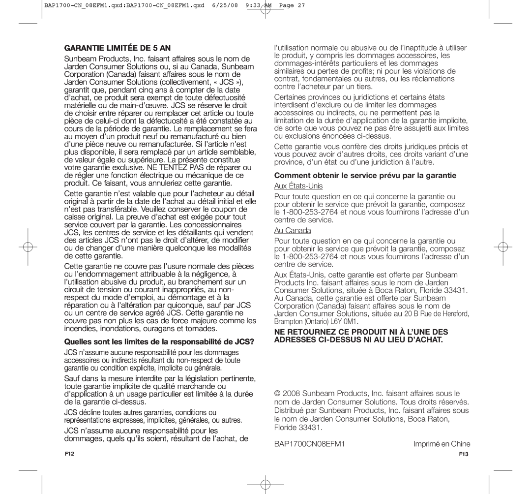 Bionaire BAP1700-CN manual GARANTIE LIMITÉE DE 5 AN, Comment obtenir le service prévu par la garantie 