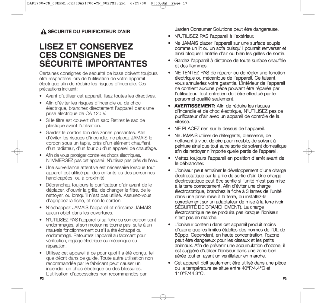 Bionaire BAP1700-CN manual Sécurité Du Purificateur D’Air 