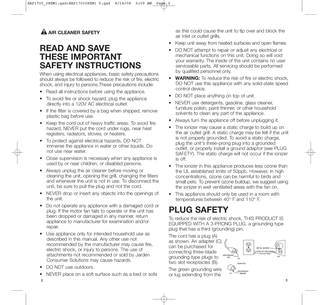 Bionaire BAP1700C manual Read and Save These Important Safety Instructions, Plug Safety, AIR Cleaner Safety 