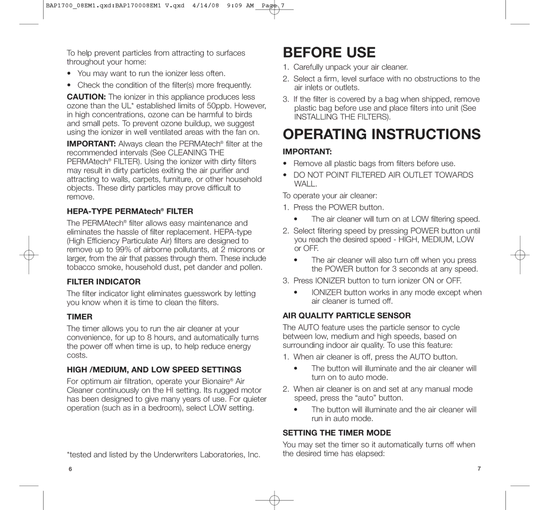 Bionaire BAP1700C manual Before USE, Operating Instructions 