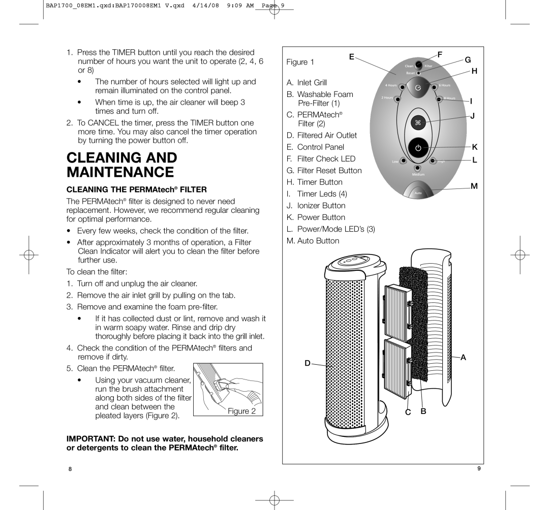 Bionaire BAP1700C manual Cleaning Maintenance, Cleaning the PERMAtech Filter 