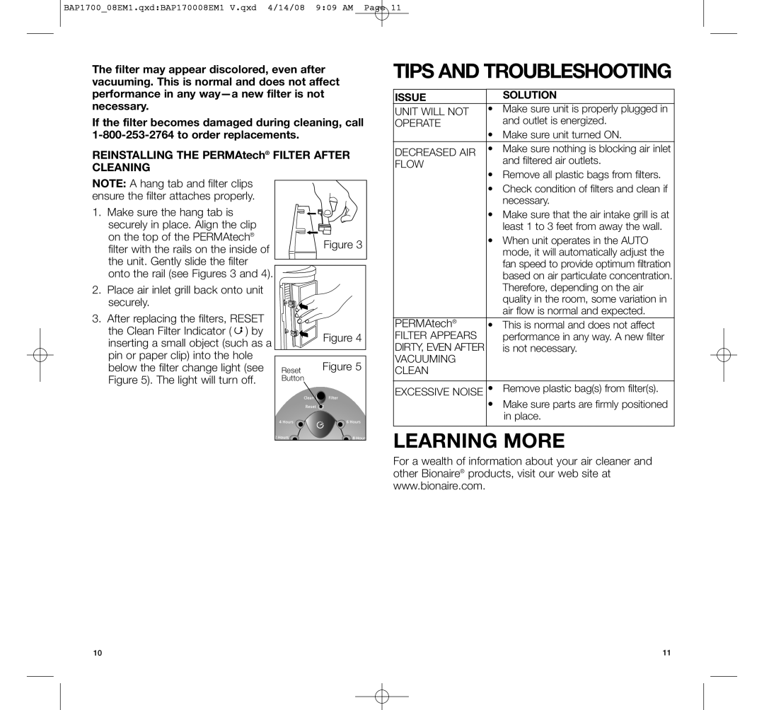 Bionaire BAP1700C manual Tips and Troubleshooting, Learning More, Issue Solution 