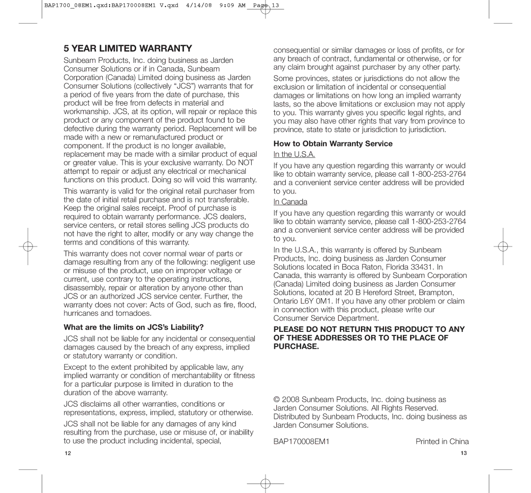 Bionaire BAP1700C manual Year Limited Warranty, What are the limits on JCS’s Liability?, How to Obtain Warranty Service 