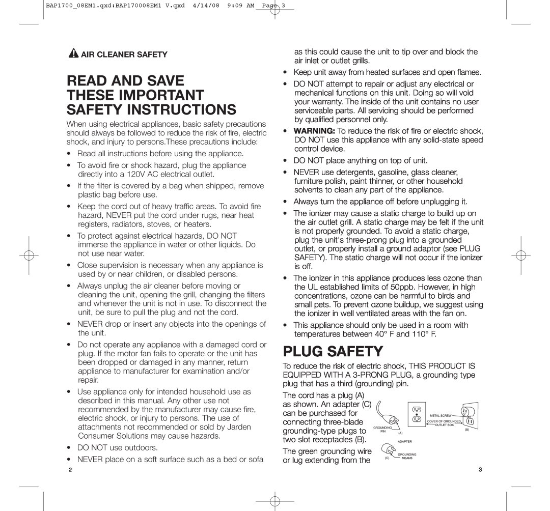 Bionaire BAP1700C manual Read And Save These Important Safety Instructions, Plug Safety, Air Cleaner Safety 