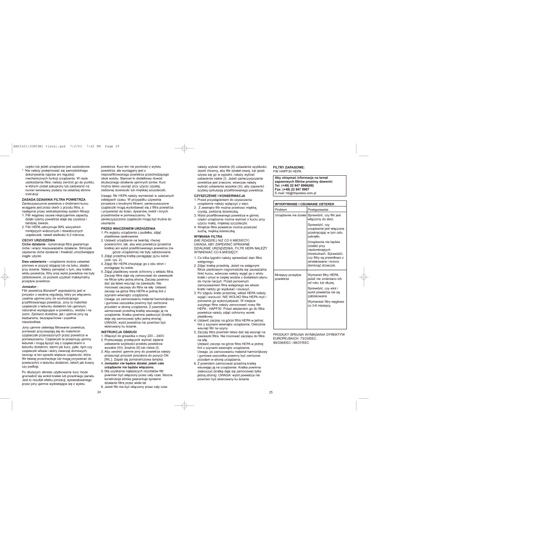 Bionaire instruction manual BAP242I/IUK03M1 visual.qxd 7/2/03 742 PM 