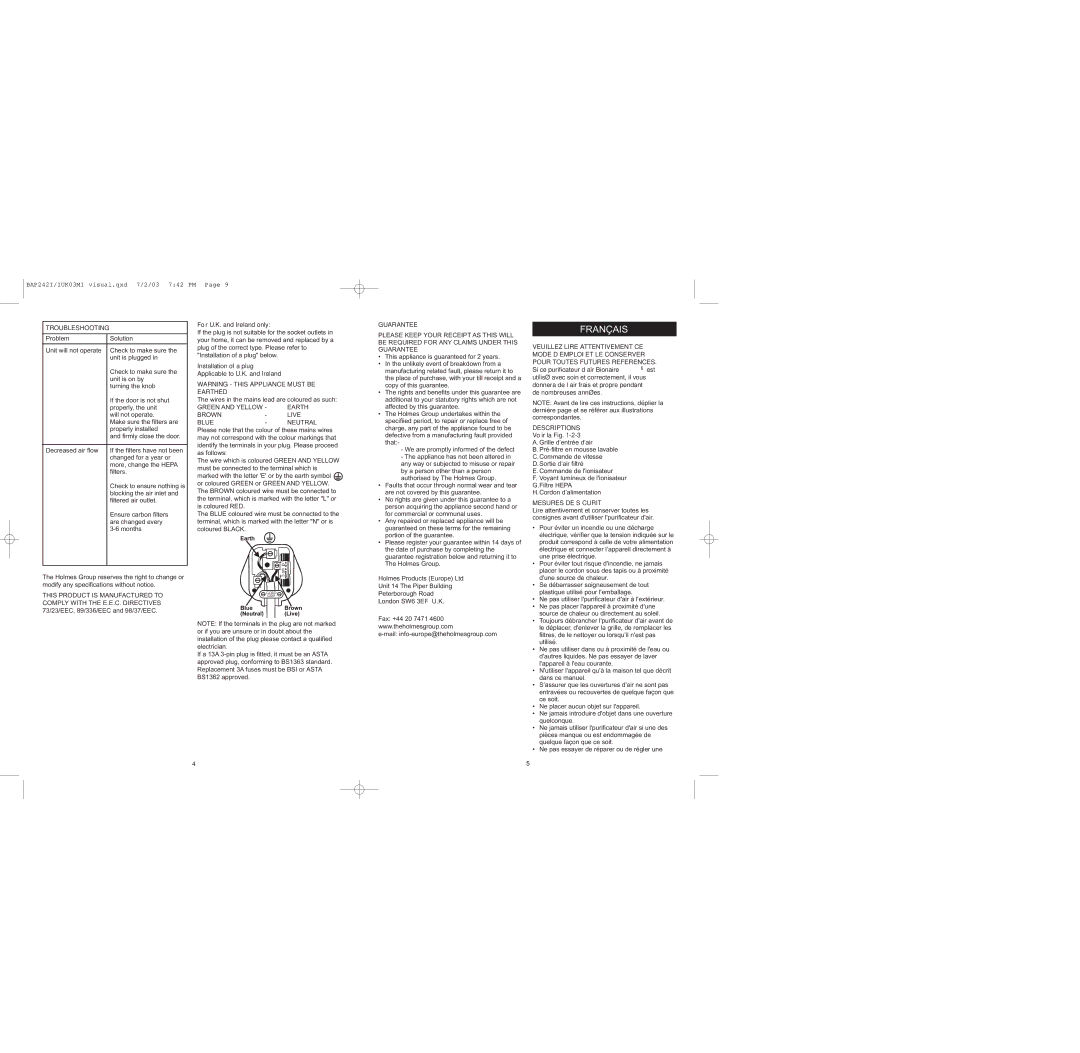 Bionaire BAP242 instruction manual Français, Troubleshooting, Guarantee, Mesures DE Sécurité 