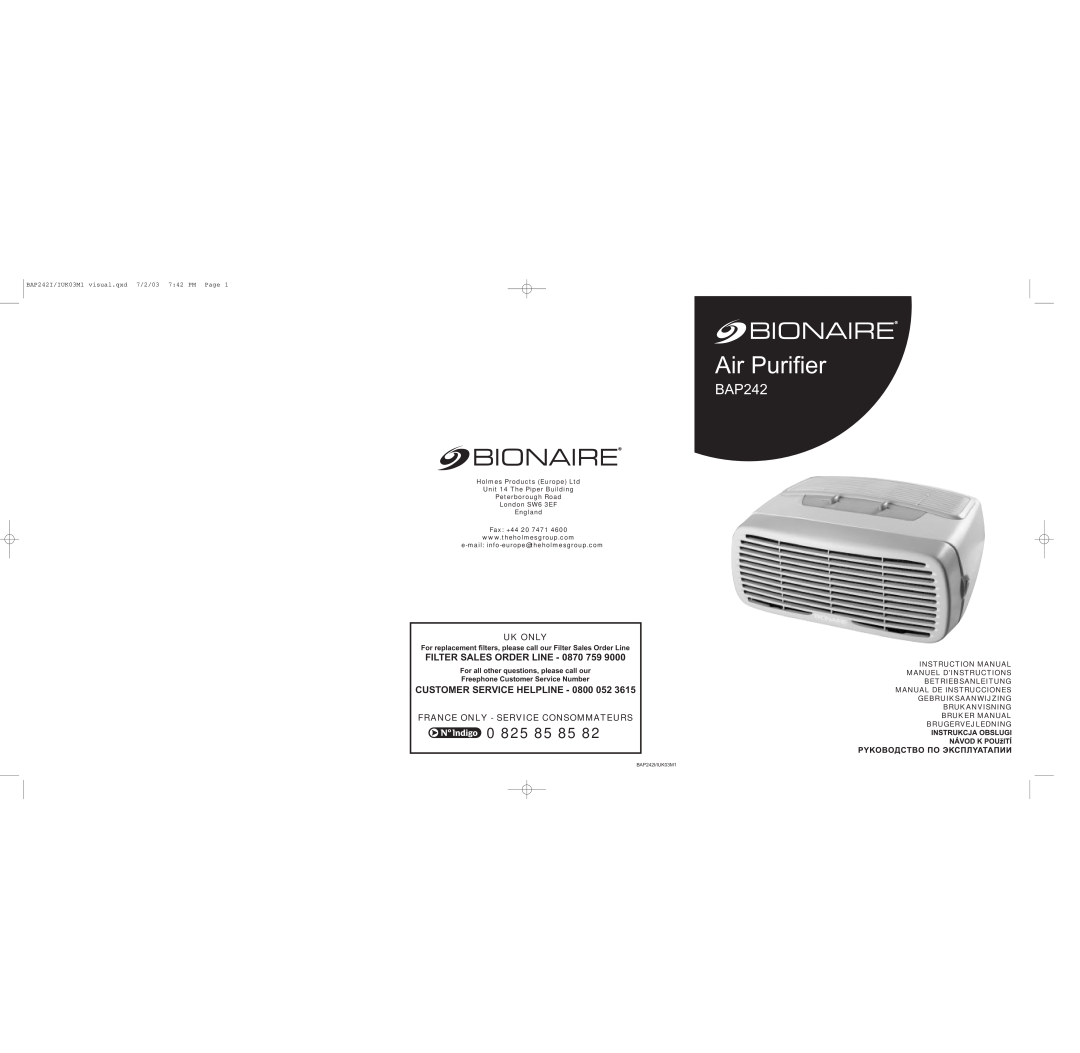 Bionaire BAP242 instruction manual Air Purifier, FILTER SALES ORDER LINE - 0870, Customer Service Helpline, Uk Only 