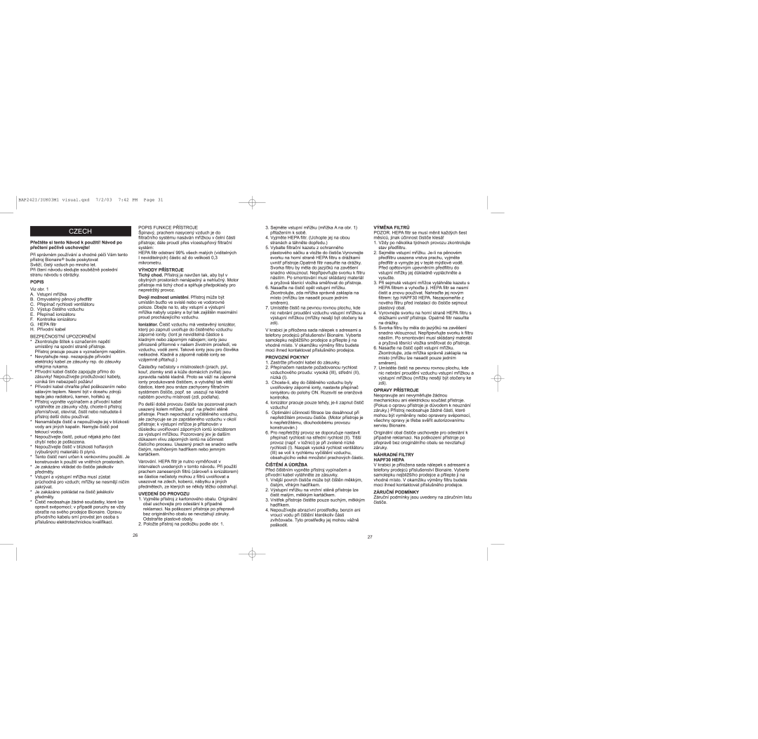 Bionaire instruction manual BAP242I/IUK03M1 visual.qxd 7/2/03 7 42 PM Page 