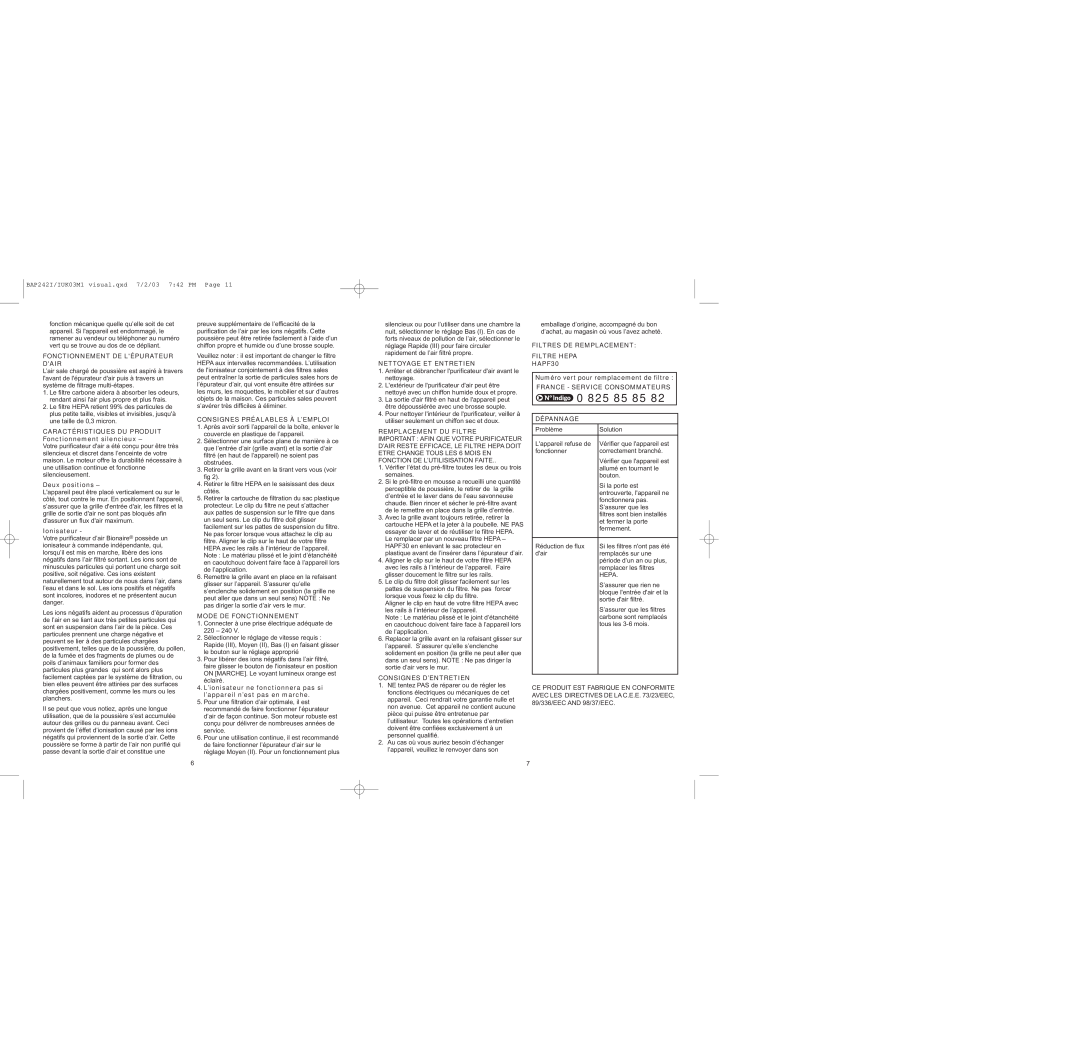 Bionaire BAP242 instruction manual Fonctionnement De Lépurateur Dair 