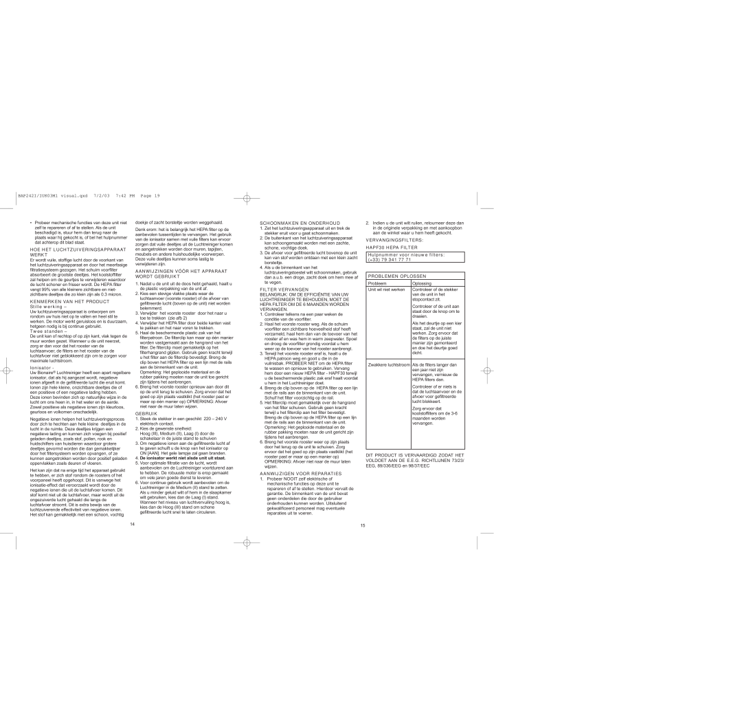 Bionaire BAP242 instruction manual Hoe Het Luchtzuiveringsapparaat Werkt 