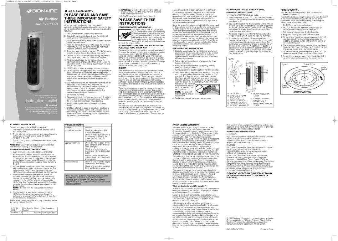 Bionaire BAP422RC-CN important safety instructions Consumer Safety Information, Ionizer, PRE-OPERATING Instructions 